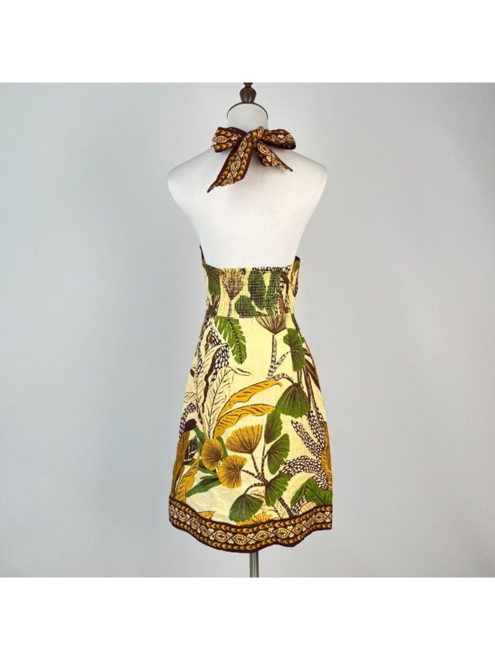 NWT Farm Rio Foliage Sketch Sand Halter Neck Linen Mini Dress Size XS - Picture 5 of 11